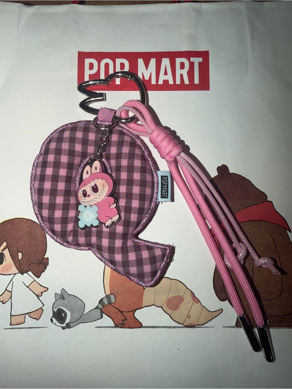 POP MART Pink Labubu Gingham Q-Shaped Keychain Charm